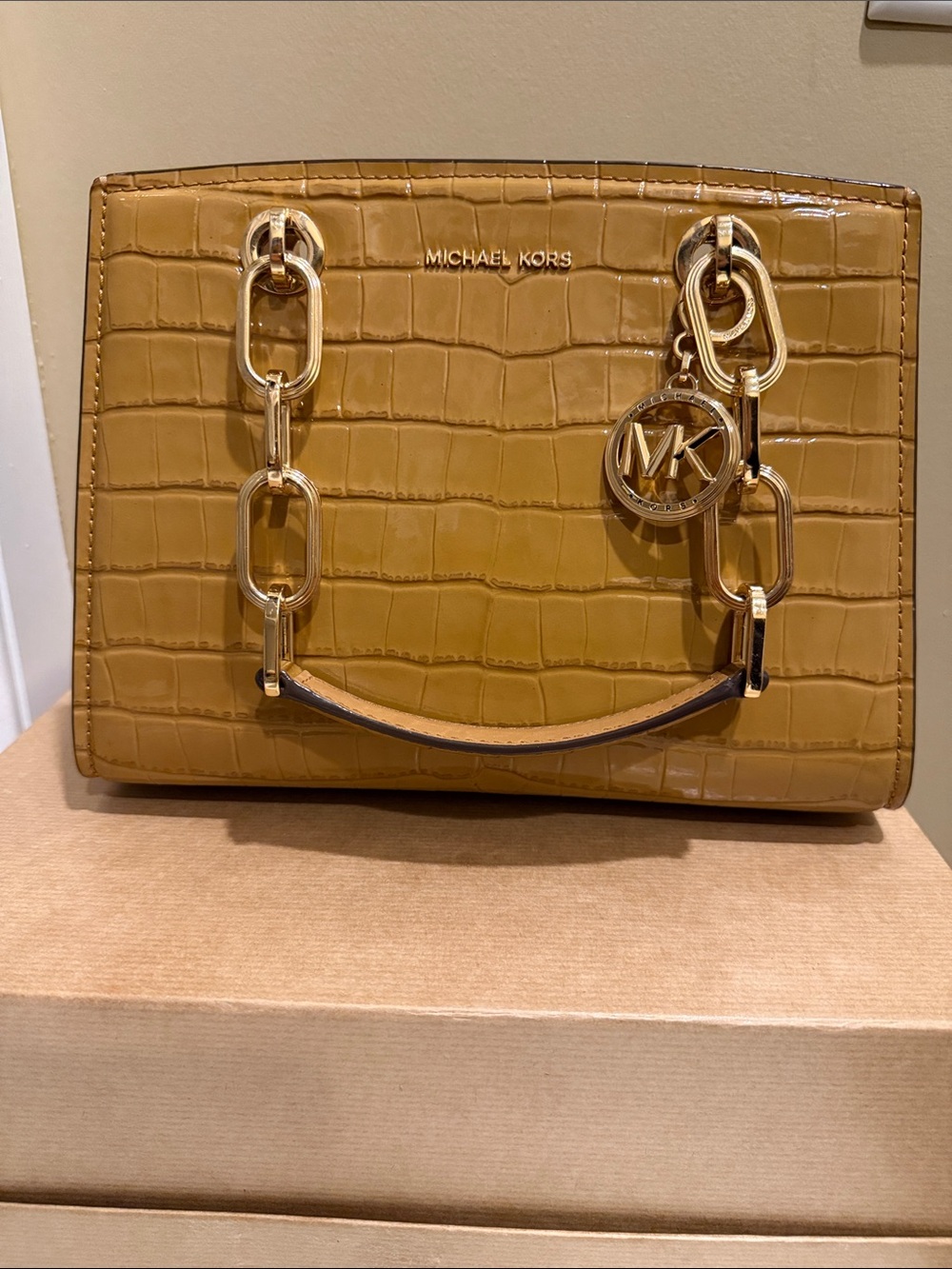 Michael Kors Croc-Embossed Satchel in Mustard Gold Hardware